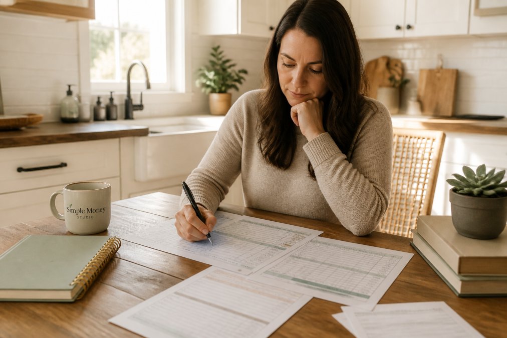Person sitting at kitchen table with printed budget worksheets and organizer pages spread out, holding a pen, reviewing monthly expenses with a warm cup of coffee nearby in morning light
