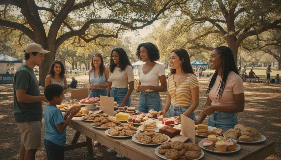 Diverse group of young people at a community bake sale table with homemade baked goods and colorful displays, smiling while serving customers in a sunny outdoor setting with trees in background