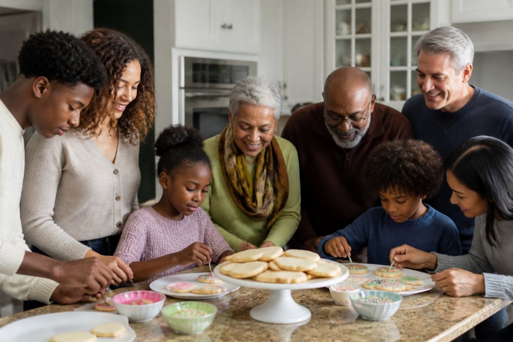 Multigenerational group decorating homemade cookies together in a kitchen to support simple fundraising efforts.