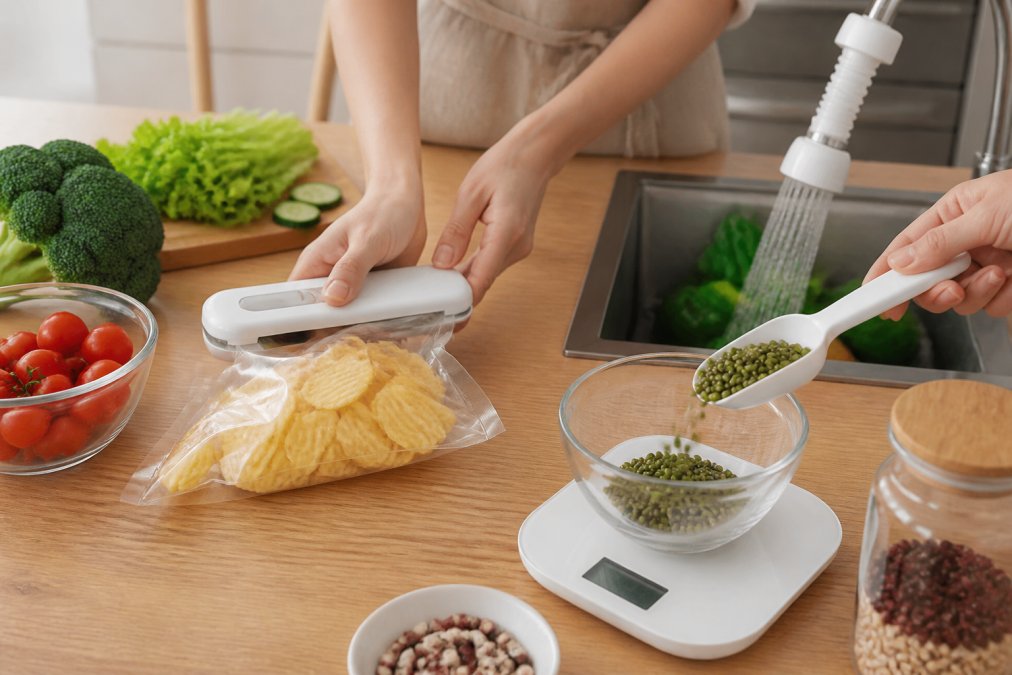 A bright modern kitchen counter with a digital scale spoon, a small heat sealer, and a flexible faucet extender in use, with fresh ingredients and a sealed bag of snacks visible