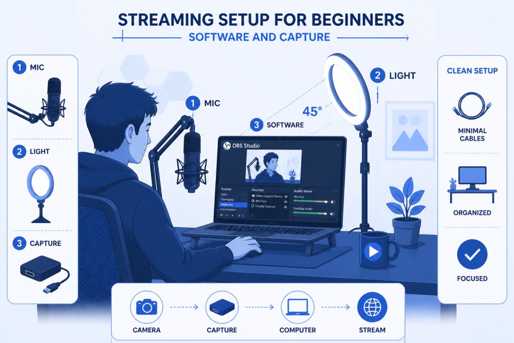 Solo streamer at desk with microphone on boom arm, ring light positioned at 45-degree angle, laptop displaying OBS Studio interface with multiple scenes visible, compact organized workspace with minimal cable clutter