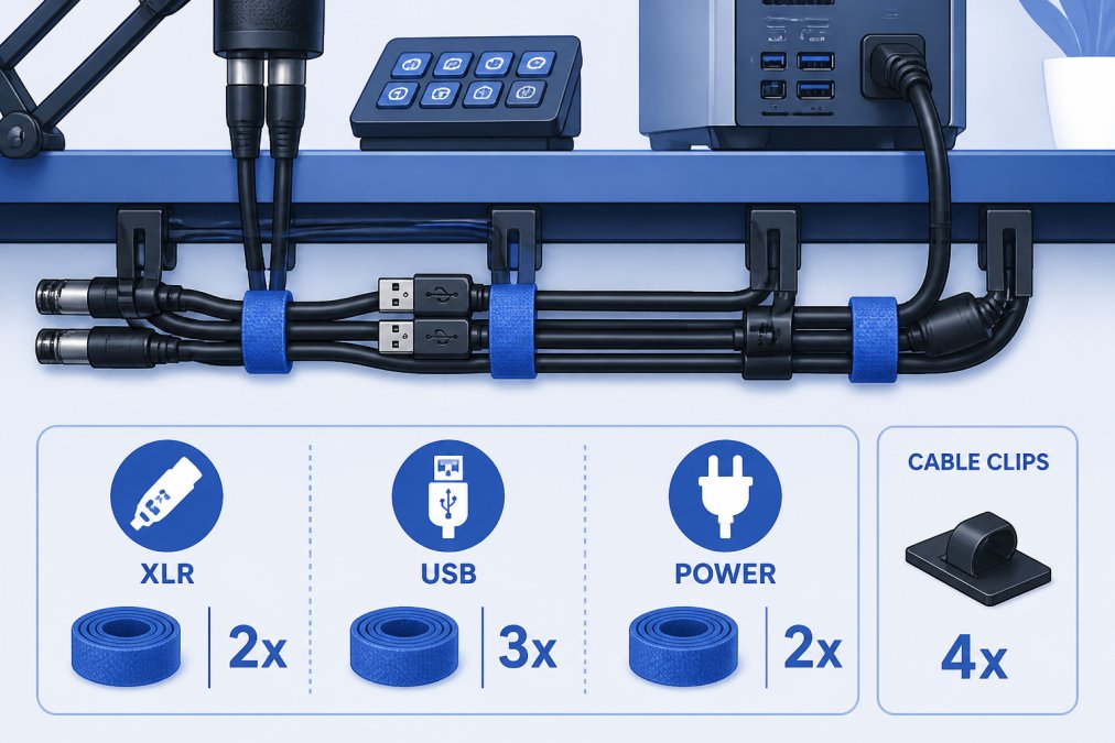 Close-up of cable management system showing color-coded cable ties organizing microphone XLR cables, USB connections, and power cables behind a streaming desk, with cable clips securing wires to desk edge