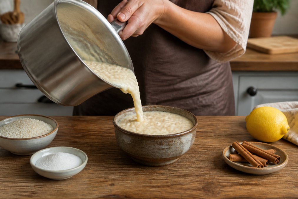 Home baker pouring creamy rice pudding for greek dessert recipes into a rustic ceramic bowl with cinnamon