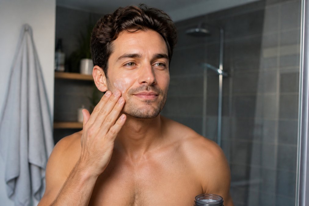 Man applying moisturizer to his face after shaving, with visible comfort and hydration on his skin in natural morning light