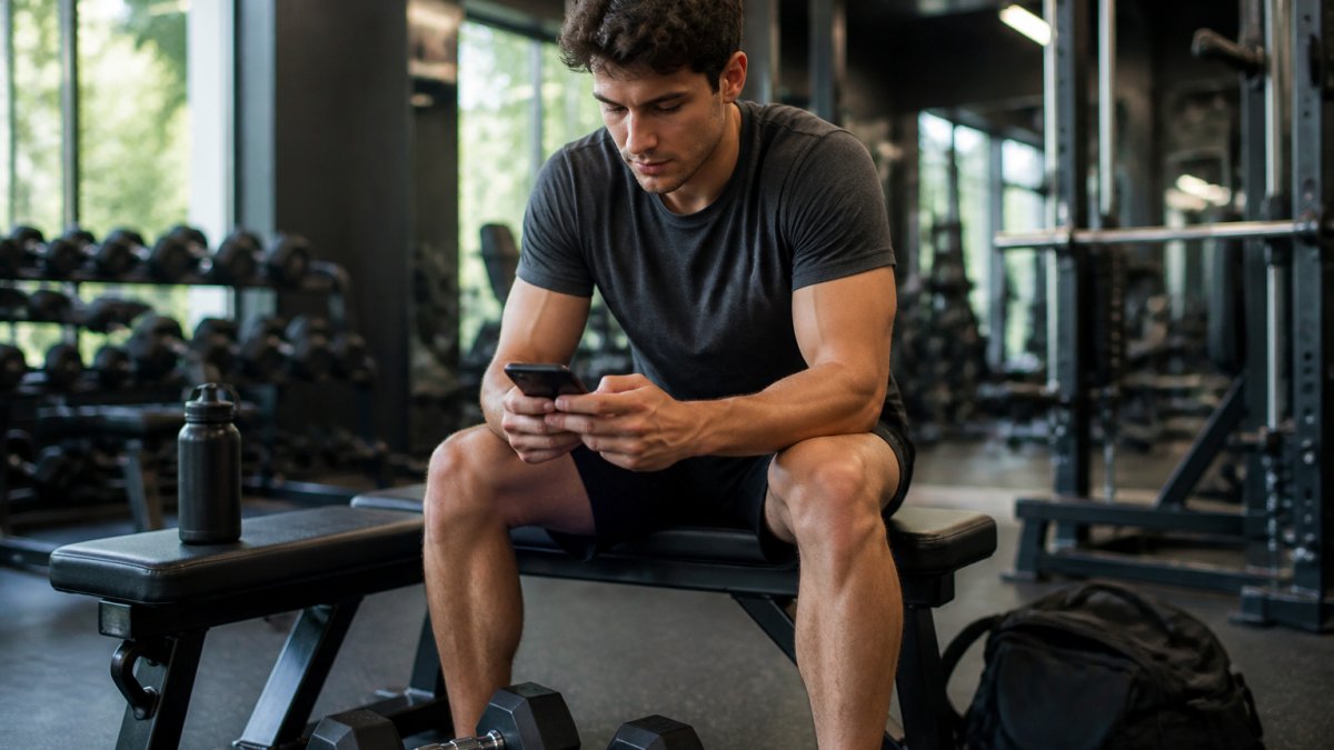 Young man focused on smartphone logging a gym set between dumbbell exercises, modern gym environment with equipment visible in soft background lighting