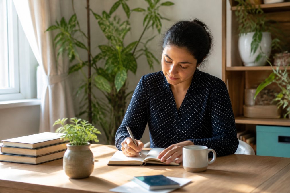 A person sitting at a tidy desk in a bright room, writing in a notebook with a cup of tea nearby, looking calm and focused