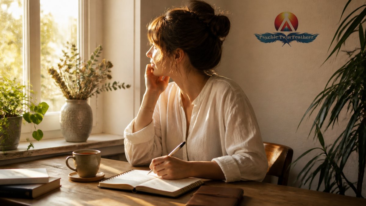Simple Habits for Consistent Self-Improvement 1 Person in morning light at a window with a journal and cup of tea, starting their daily routine in a calm, peaceful home environment