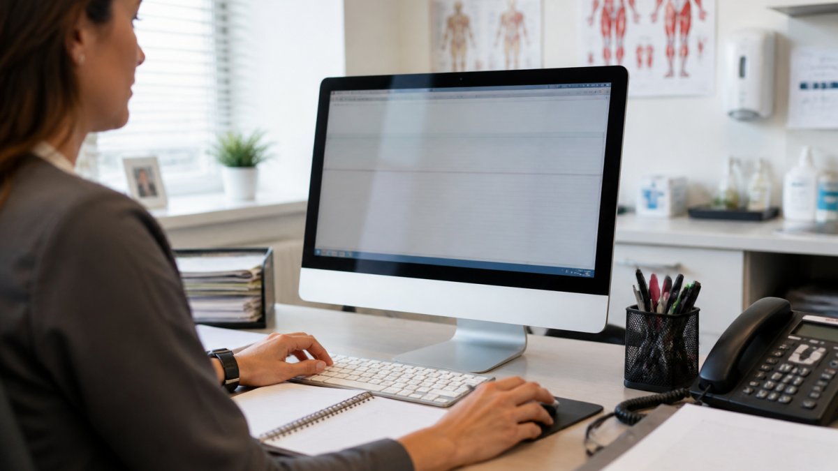 Practice manager reviewing simple hipaa compliance software for providers on desktop computer in modern medical office with medical charts and equipment visible in background