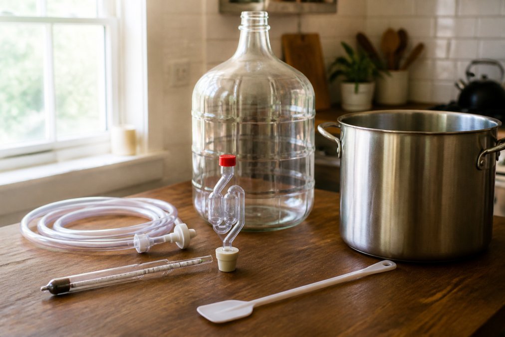 A home brewer's kitchen counter with a glass carboy, airlock, siphon hose, hydrometer, and a large stockpot arranged neatly, natural window light, warm and inviting atmosphere
