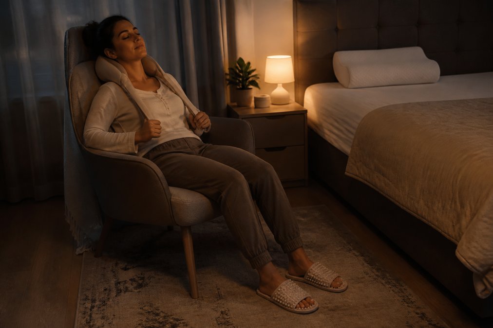 A person relaxing in a dimly lit bedroom, wearing acupressure slippers and using a neck massager, with a contoured pillow on the bed