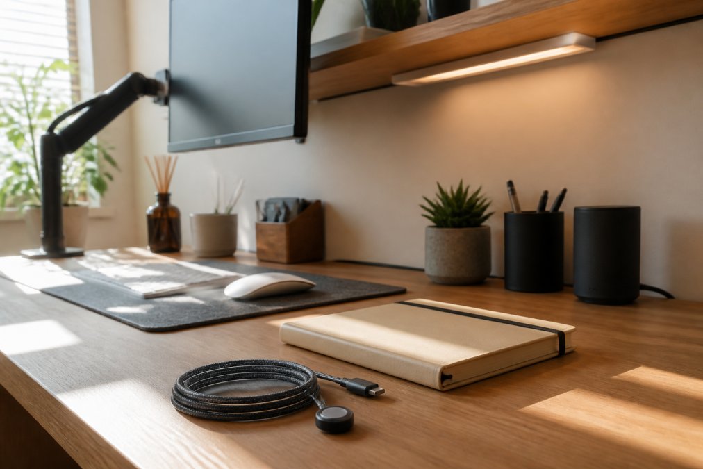 A tidy home office desk in natural daylight with a coiled magnetic charging cable, a raised monitor on an arm, a small motion-sensor light strip under a shelf, and a notebook placed neatly beside a keyboard