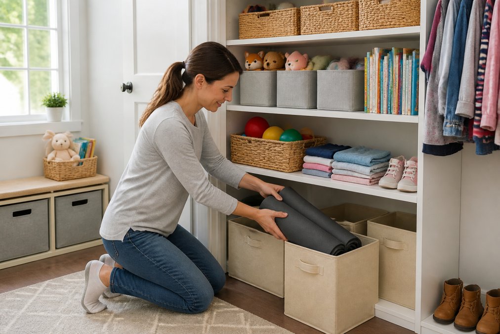 Parent organizing labeled storage bins and baskets in a home closet with children's items neatly arranged on shelves, natural lighting from a window, bright and organized space