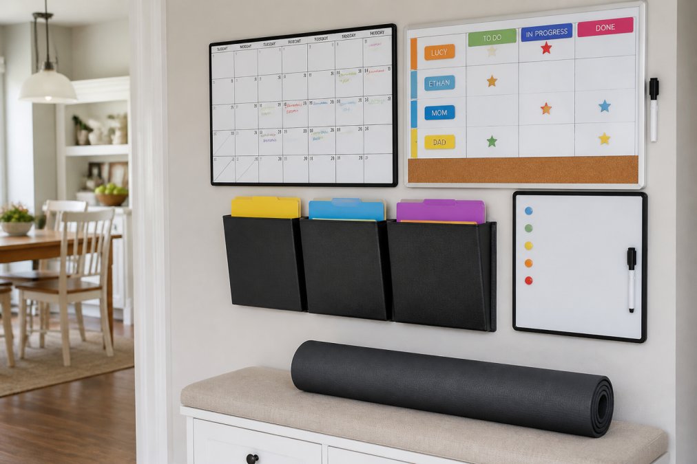 Wall-mounted family command center in a bright kitchen entryway with calendar, color-coded chore chart, labeled folders for permission slips and school documents, and a small whiteboard for daily reminders
