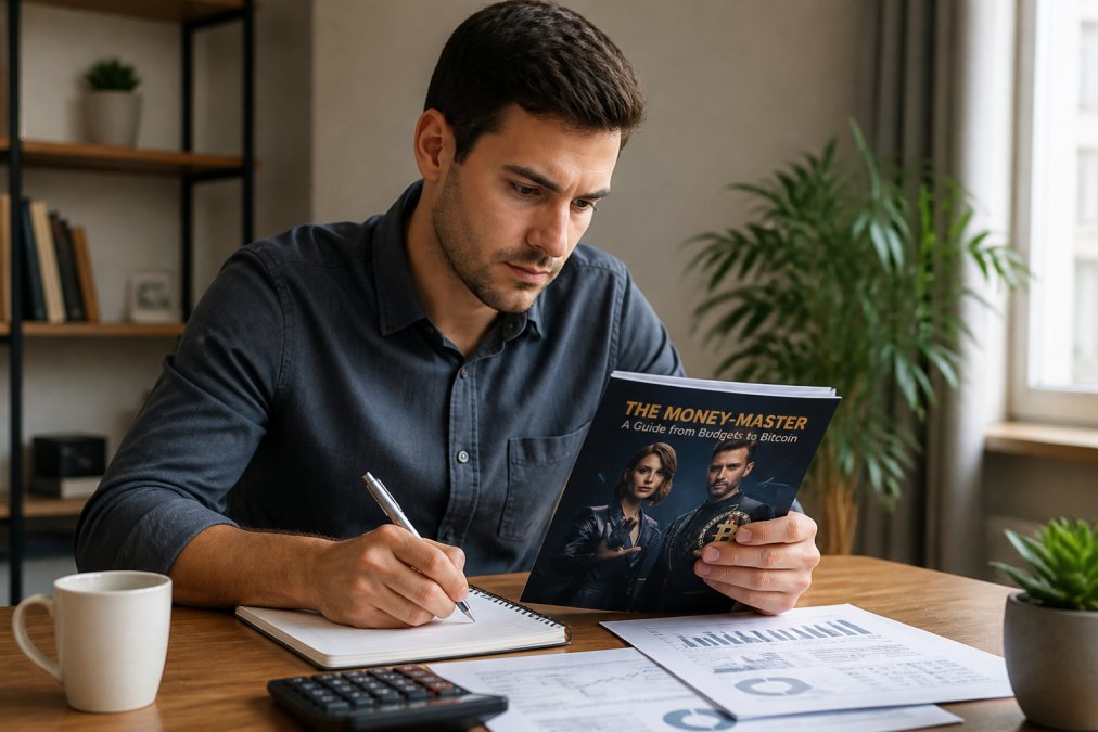 Young professional sitting at a desk with a notebook and calculator, reviewing financial documents and planning goals with natural window lighting