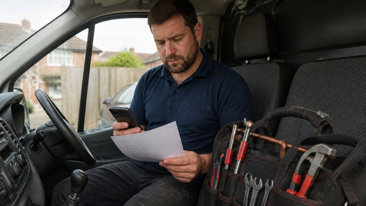 A plumber in a van holding a smartphone and a printed invoice for sole traders