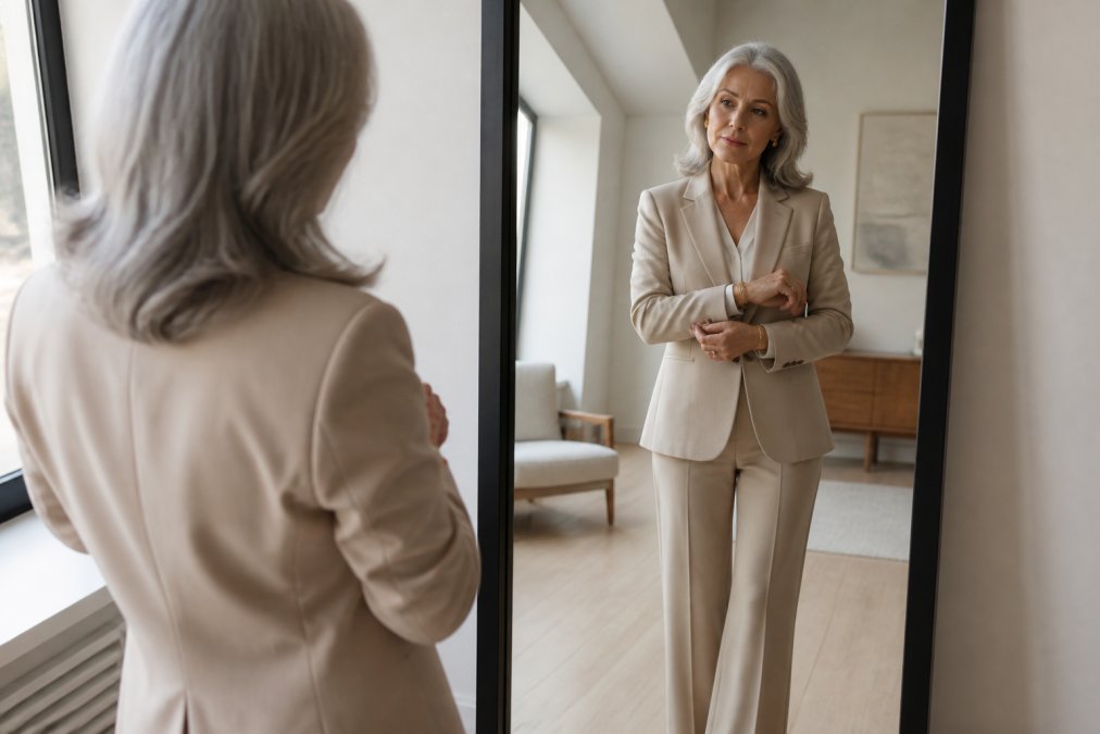 A stylish woman in her late 50s with silver hair, wearing a perfectly tailored beige blazer and matching straight-leg trousers, adjusting the cuff while looking into a full-length mirror in a bright, minimalist room with soft natural light