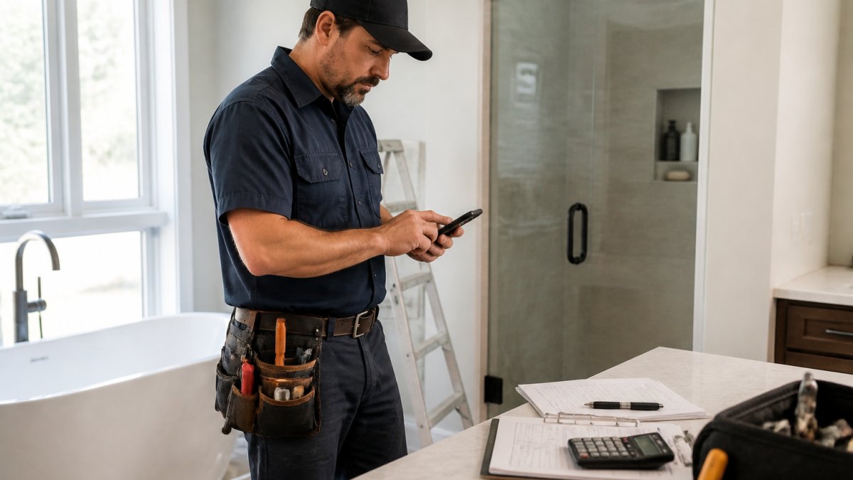 Professional plumber in work uniform using mobile device in residential bathroom to document materials and labor time on a job site, natural lighting from window