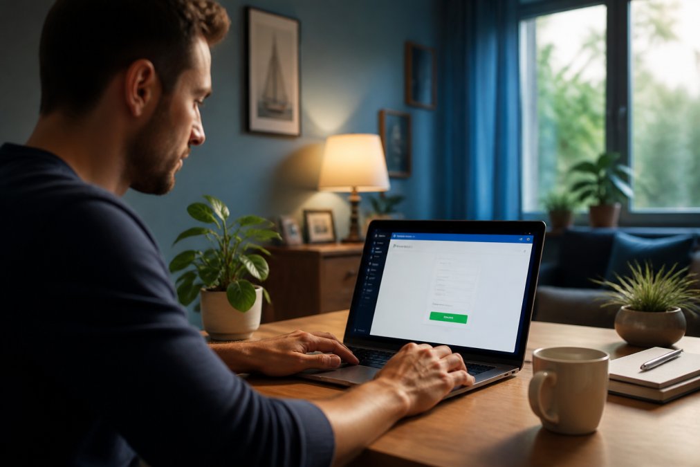 Simple Landing Page Email Follow Up: 2026 How-To A person working on a laptop at a tidy home desk, with a second screen showing a simple drag-and-drop email automation workflow in a no-code builder, warm natural light, shallow depth of field