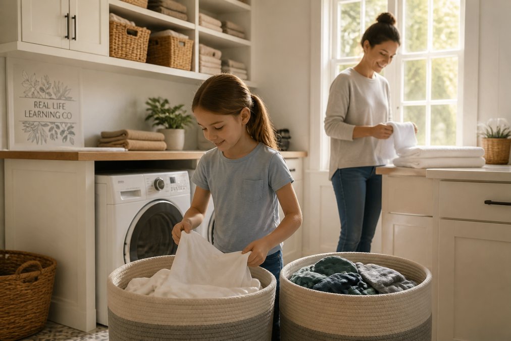 An eight-year-old sorting laundry with a parent, teaching life skills for elementary students through household chores.