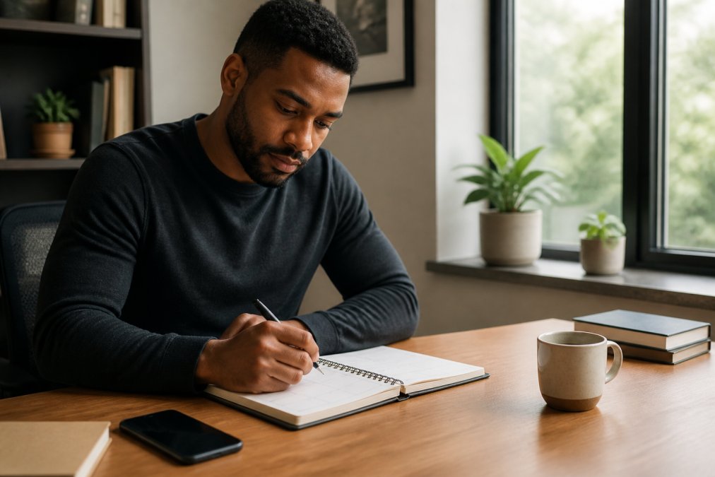 A professional working at a tidy desk with a planner and coffee, practicing efficient lifestyle hacks.