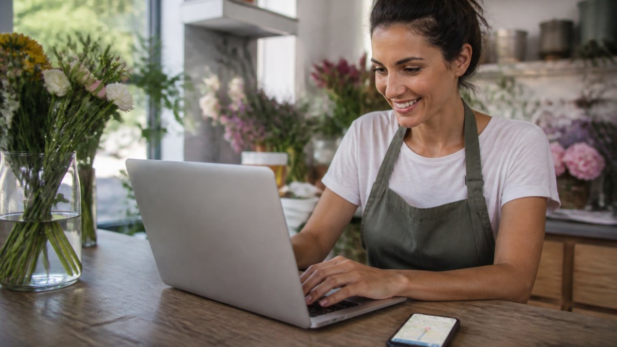 A small business owner at a desk smiling while updating their Google Business Profile on a laptop, with a smartphone showing a map result nearby