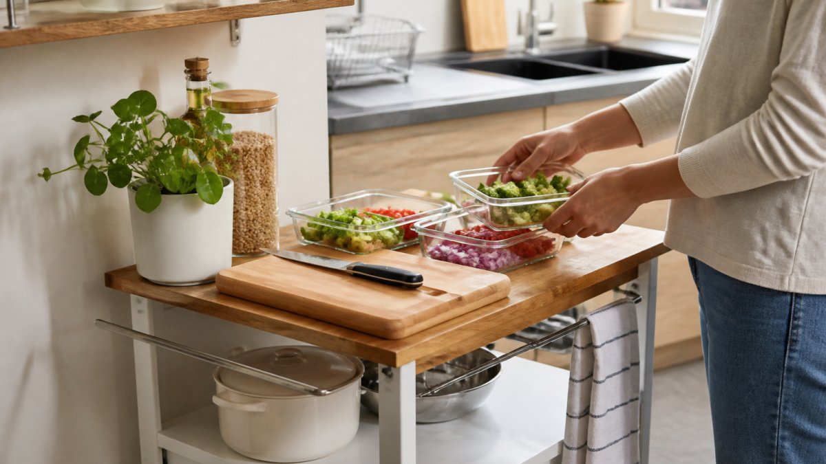 Hands arranging chopped vegetables on a compact rolling kitchen island under bright natural light