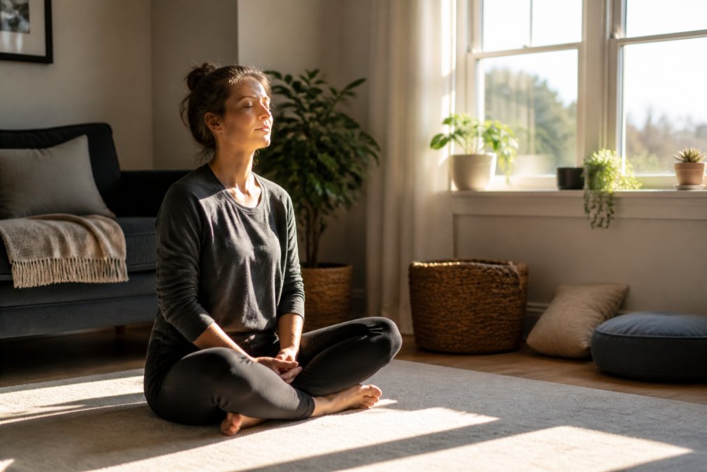 Parent sitting quietly at home with eyes closed, morning sunlight streaming through a window, peaceful expression, hands resting on lap