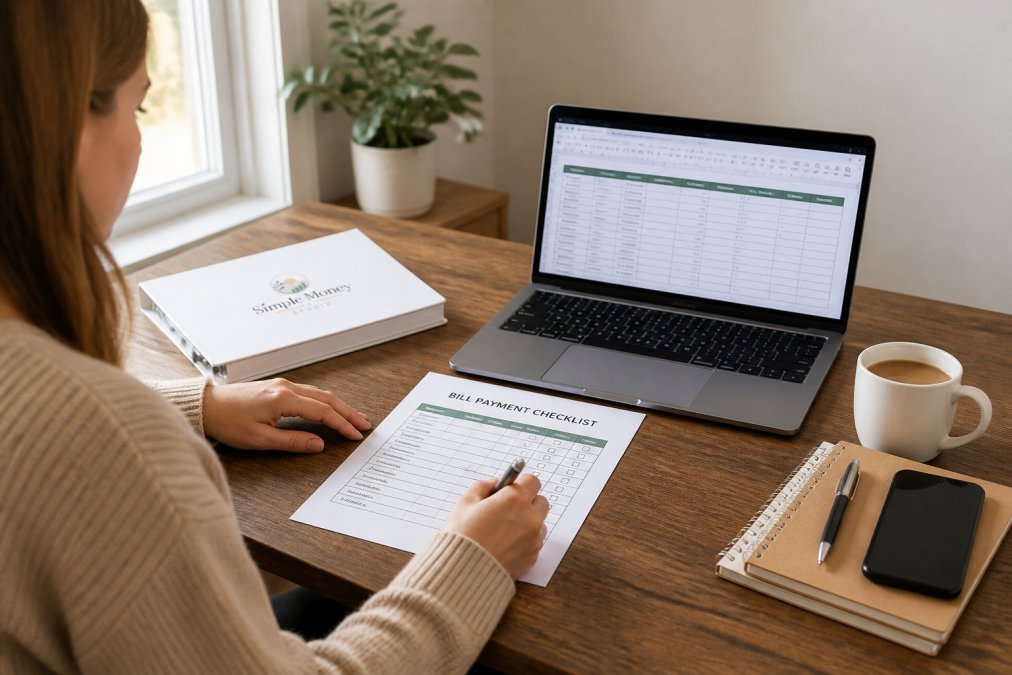 Person using a printed bill payment tracker and digital spreadsheet to organize household finances at a desk