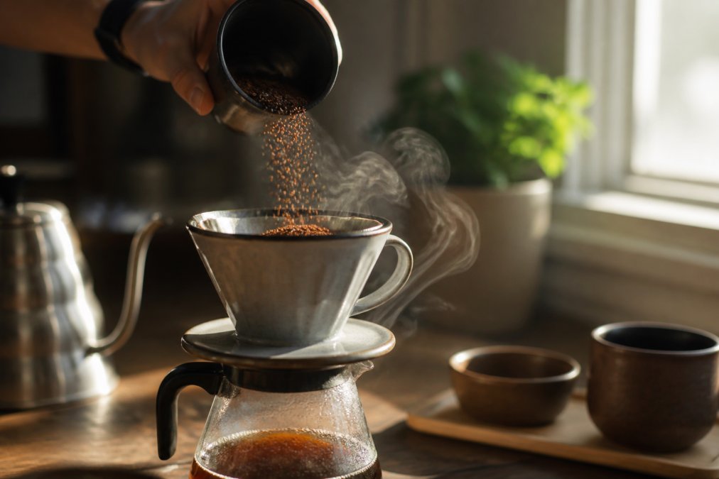 Close-up of freshly ground coffee beans cascading into a ceramic pour-over dripper with steam rising, morning sunlight streaming through a kitchen window