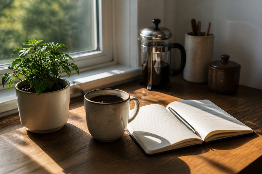 A calm, organized morning coffee corner with a ceramic mug, small potted green plant, open journal with pen, and warm natural light streaming through a nearby window creating soft shadows on the wooden surface