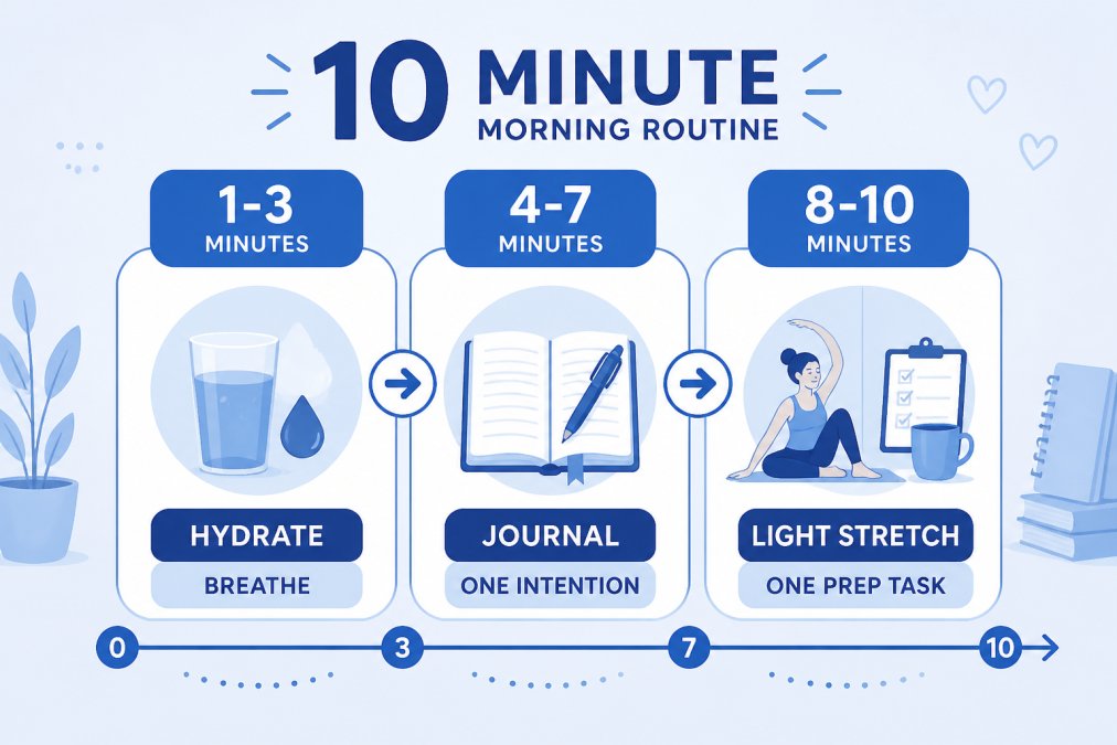 Infographic timeline showing a 10-minute morning routine for moms with hydration, journaling, and stretching steps.