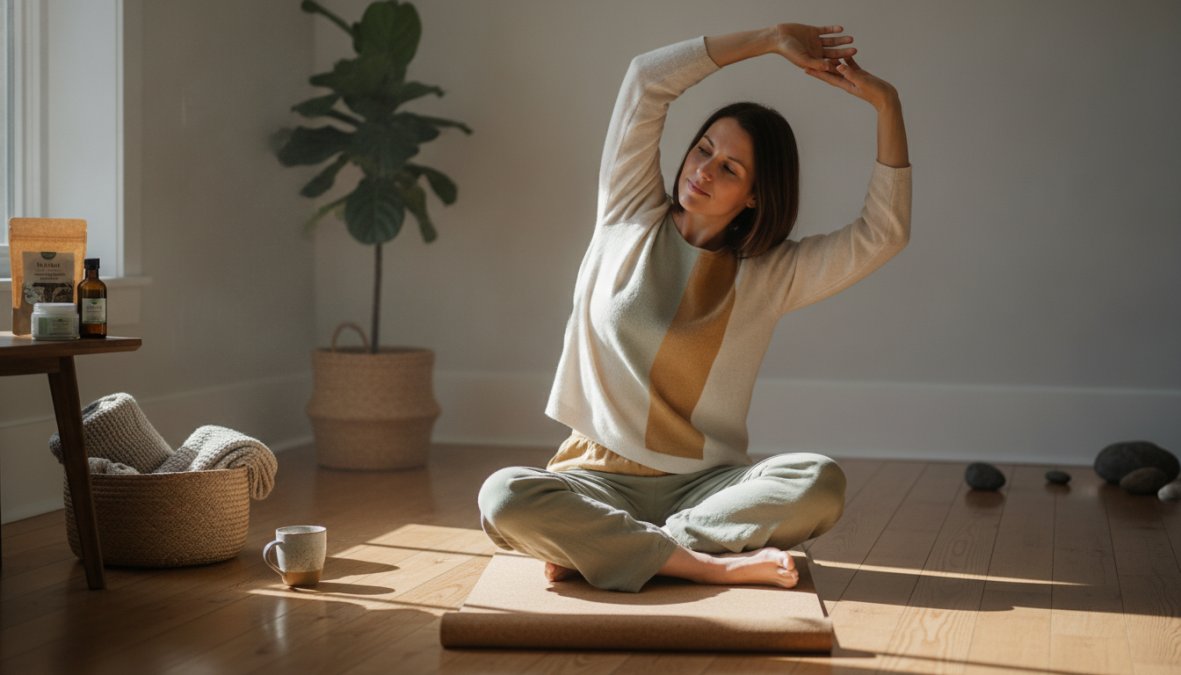Person performing gentle stretching routine on yoga mat in bright, calm home environment wearing comfortable clothing and socks