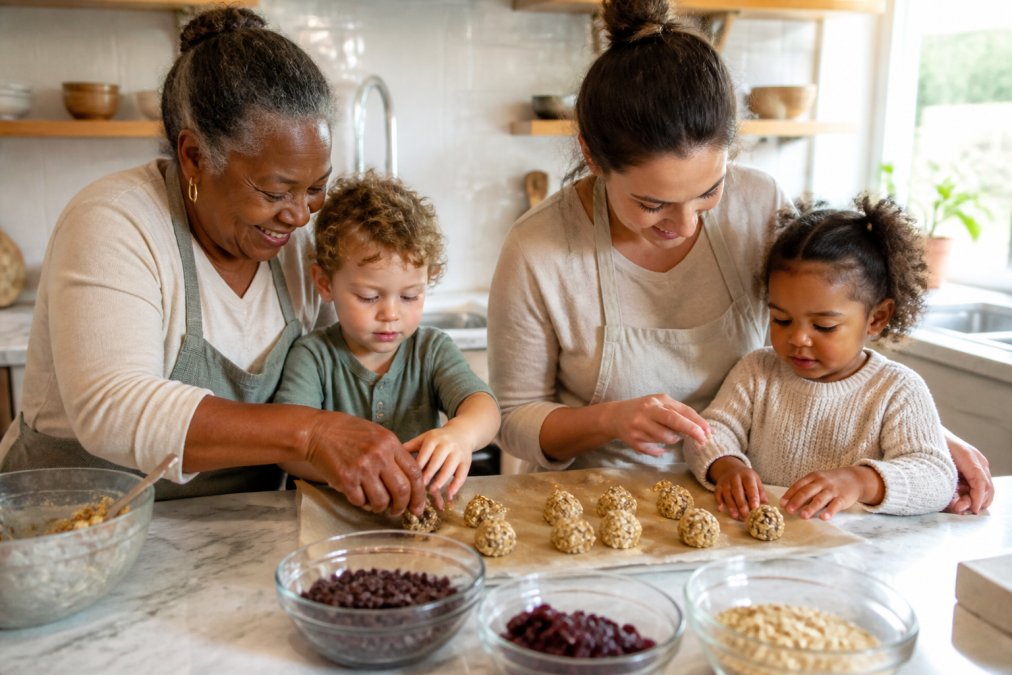 A grandmother and mother helping toddlers make no bake recipes with oats and chocolate chips in a bright kitchen.