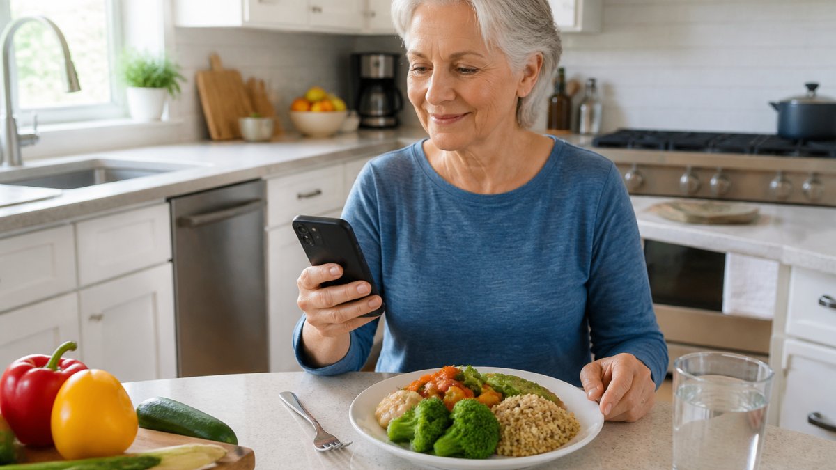 A person in a bright kitchen holding a smartphone next to a plate of vegetables and whole grains, logging a meal in an app