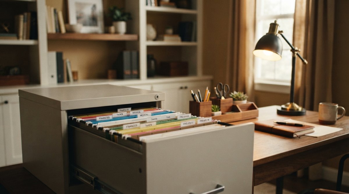 Organized home office desk with an open filing cabinet displaying labeled hanging file folders in color-coded tabs, neatly arranged documents, and office supplies including a desk lamp and pen holder nearby