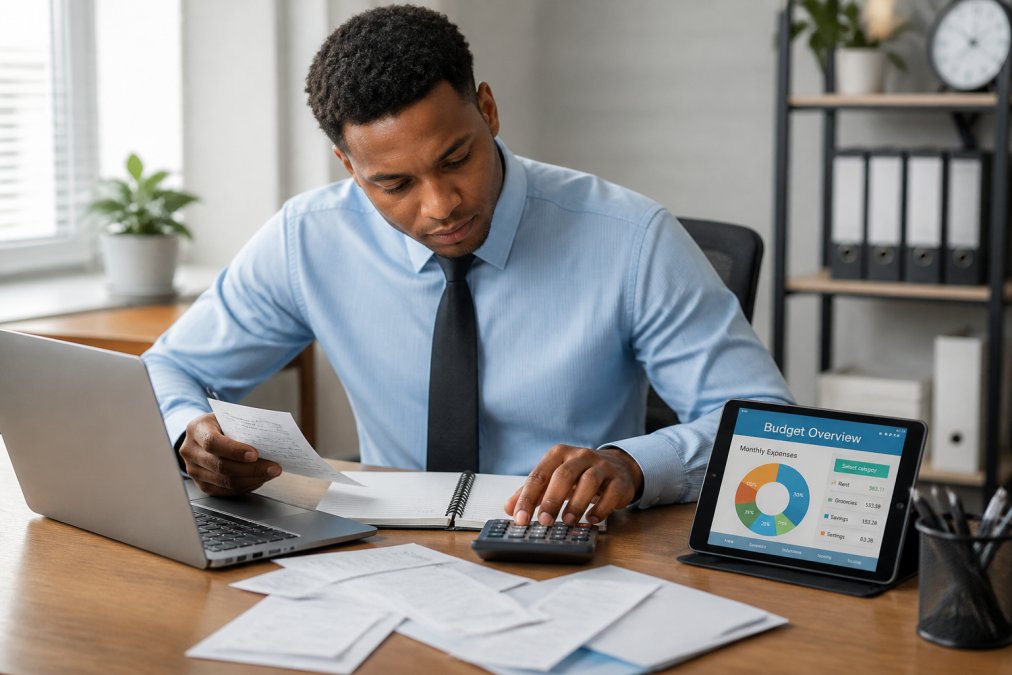 Professional reviewing budget documents at a desk with a calculator, notebook, and laptop in natural office lighting