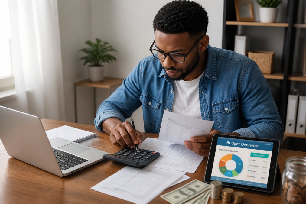 Person sitting at a desk with budget documents, calculator, and laptop, reviewing monthly spending with focused concentration