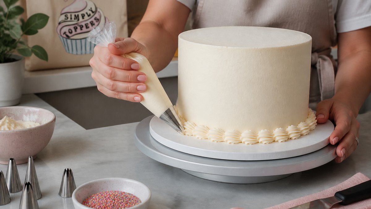 Close-up of hands piping a neat buttercream border around the base of a round birthday cake on a kitchen counter, with a piping bag and star nozzle visible