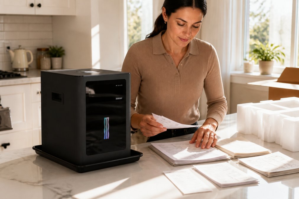 Homeowner carefully organizing appliance receipts, warranty documentation, and original packaging materials on a clean kitchen counter with natural sunlight streaming through windows