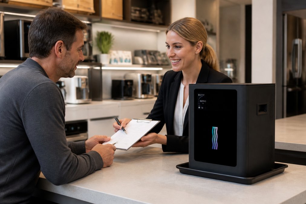 Friendly customer service representative in professional attire assisting a homeowner with return authorization details while reviewing paperwork at a modern retail counter with computers and organized shelving in the background