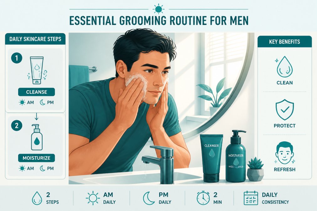 Man applying face cleanser and moisturizer at bathroom sink with morning light, showing skincare products on counter