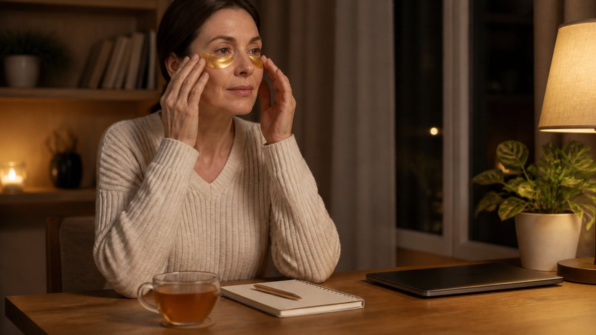 A professional woman in her 40s sitting at a tidy home desk in the evening, applying under-eye patches while a laptop sits closed beside a cup of tea and a small notebook, warm lamp light, calm expression