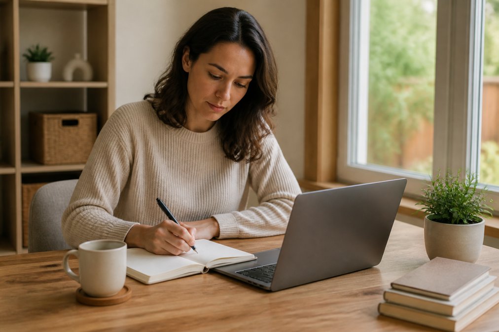 Adult sitting at a desk with a journal, coffee mug, and laptop, looking focused and calm while working on personal development with natural window lighting