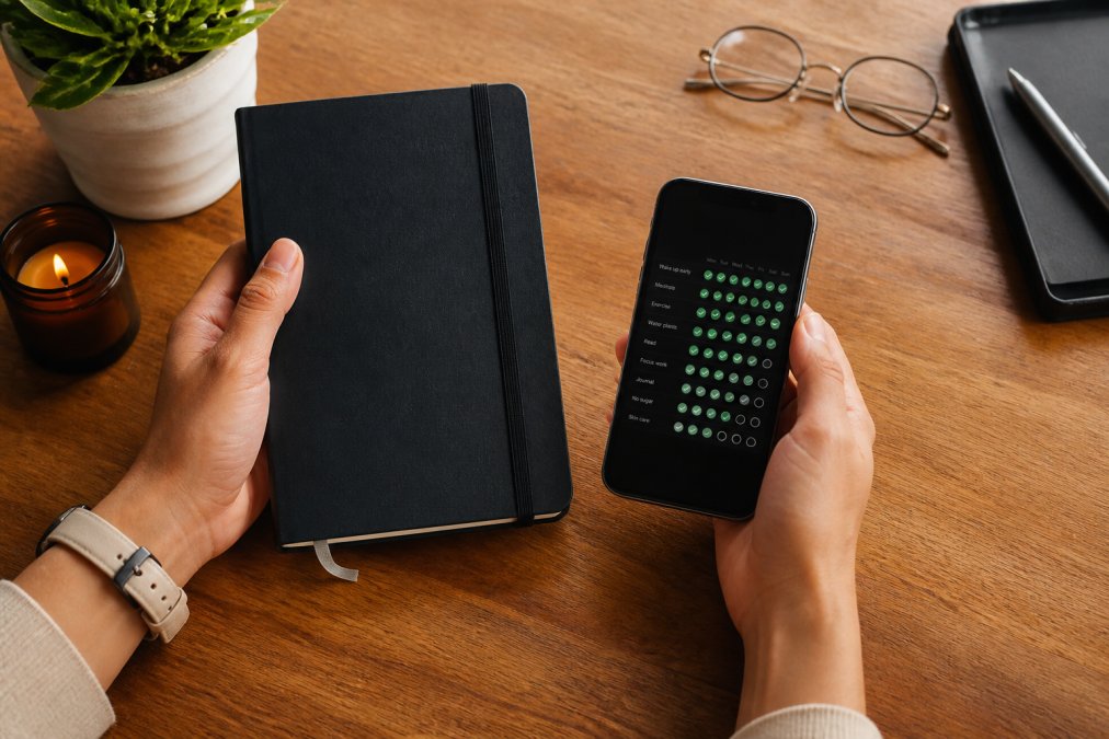 Person's hands holding both a physical journal and a smartphone showing a habit tracker app, illustrating the blend of analog and digital tools on a wooden desk with warm lighting