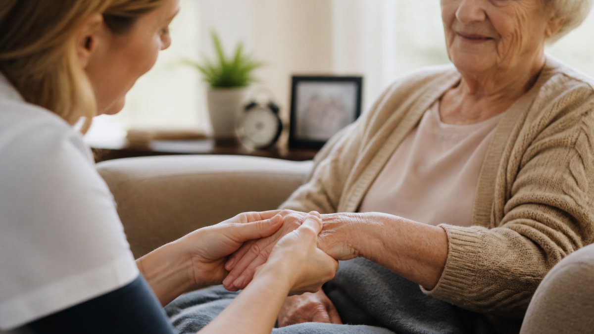 Carer gently holding the hand of an older adult during a hand massage, showing tender care and connection, with soft lighting and a calm home environment
