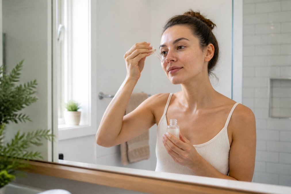 Woman in her late twenties applying serum to her face in a bright bathroom with natural light, showing the simple three-step routine in action