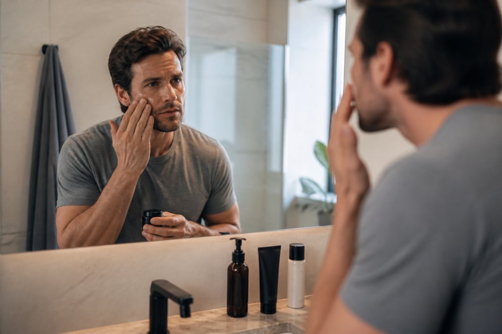A man in his 30s standing at a bathroom sink applying moisturizer, with a few skincare products neatly arranged on the counter