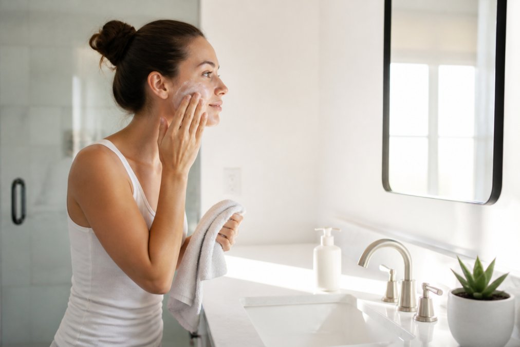 A mother in a bright, sunlit bathroom applies a gentle cleanser to her face with one hand while holding a soft towel in the other. The white countertop is clean and holds only a pump bottle and a small plant, creating a tidy, minimal aesthetic