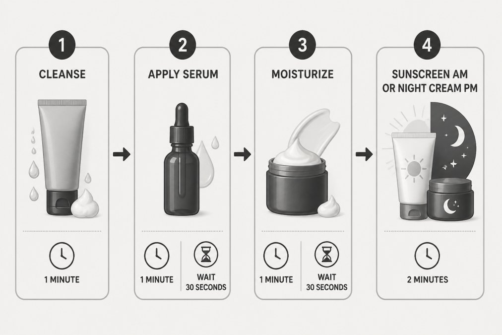 Flowchart showing skincare layering order: Step 1 Cleanse (1 minute) → Step 2 Apply serum (1 minute, wait 30 seconds) → Step 3 Moisturize (1 minute, wait 30 seconds) → Step 4 Sunscreen AM or Night Cream PM (2 minutes)