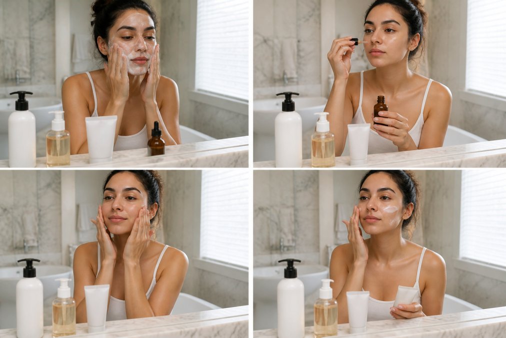 Infographic showing a 4-step simple skincare routine: cleansing, serum application, moisturizing, and sunscreen.